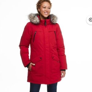 Canadiana Women's Red Parka Sz L with Faux Fur Trim Down/feather fill